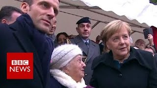 Old lady mistakes Chancellor Merkel for Macrons wife  BBC News [upl. by Ehling653]