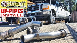 2001 F350 73  RiffRaff UpPipes Install  Stock up pipes leaking and falling apart JUNK SP [upl. by Ebert556]